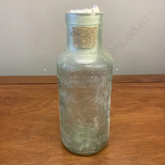 Hayward Bros Flag Brand Pickles Jar c1905, Aqua Colour, Side Seam Molds. Embossed Lettering, Hand Made. 20cm